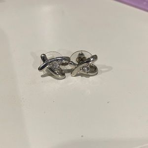 Silver bow heart jewel earrings